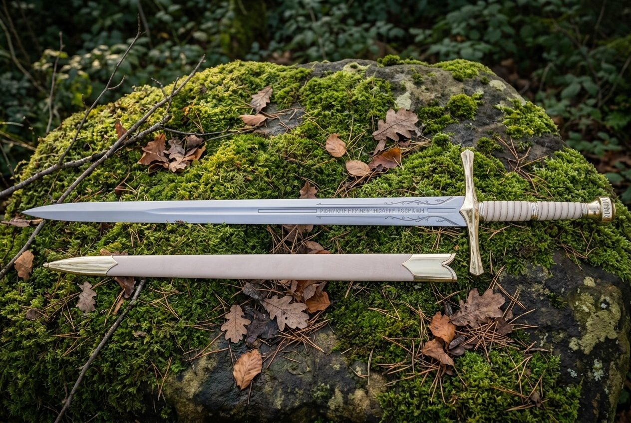 Hand forged elven longsword with an engraved double edged blade and cream leather scabbard lying across a moss covered g Hand forged elven longsword with an engraved double edged blade and cream leather scabbard lying across a moss covered granite boulder in daylight