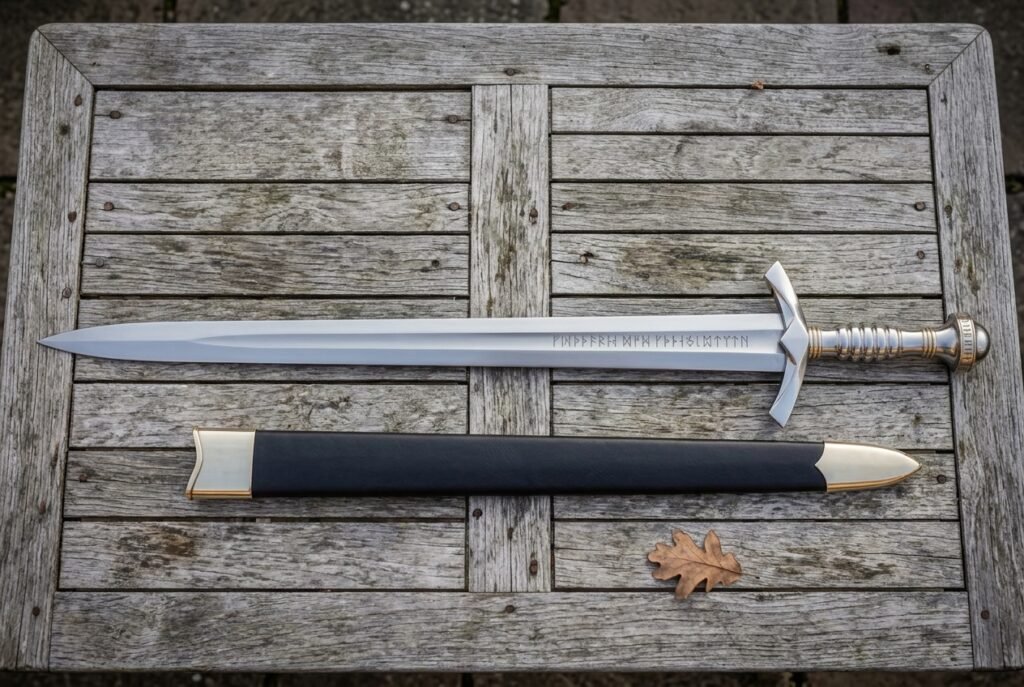 Hand forged elven sword replica and its black leather scabbard laid on weathered grey timber decking, showing the engraved fuller and ribbed grip