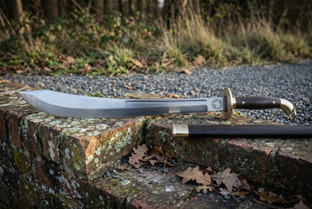 Hand forged falchion sword with a broad polished single edged blade and brass cross guard resting on a lichened brick ledge beside its black leather scabbard