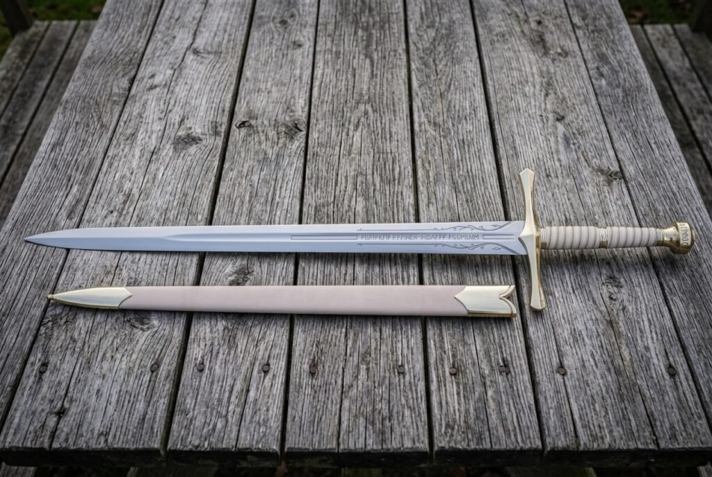 Hand forged fantasy longsword with an engraved double edged blade and brown leather scabbard laid on weathered grey timber decking in soft daylight