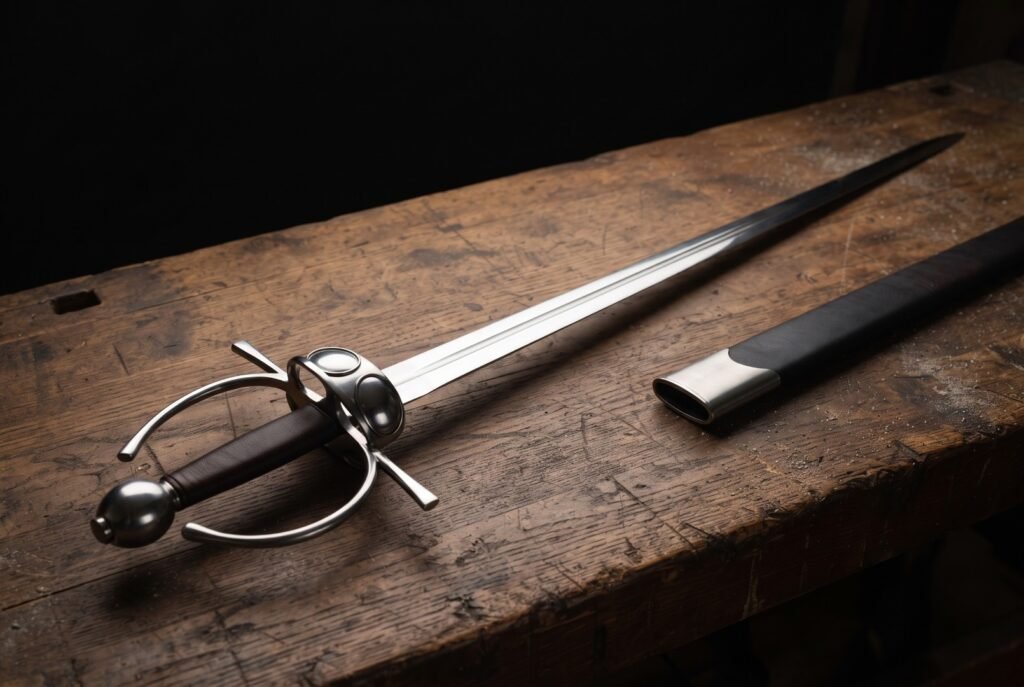 Hand forged fencing sword with a polished ring guard and solid shell plates lying on a dark timber workbench beside its black leather scabbard