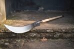 Hand forged high carbon steel glaive polearm with sweeping curved blade, angled view of the head resting on a mossy stone step