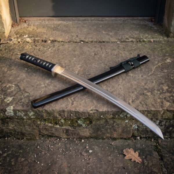 Hand forged high carbon steel katana with brass tsuba, angled view of the curved blade crossing its black lacquered saya on stone steps
