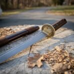 Hand forged high carbon steel tanto, low close view of the brass guard and blade on a stump with wood shavings and saya