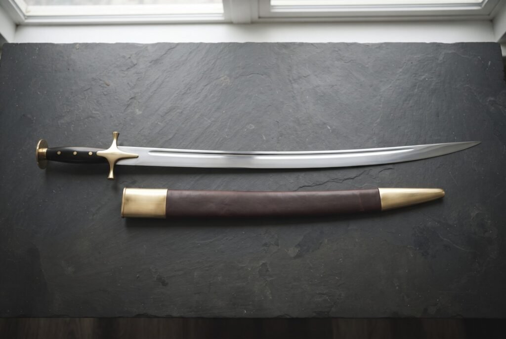 Hand forged Indian sword of talwar type with a mirror polished curved blade and brass disc pommel, laid on dark slate beside its brass mounted leather scabbard
