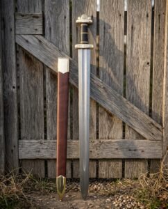 Hand forged knight sword replica in spring steel with a leather wrapped grip and brown scabbard leaning against a weathered timber farm gate