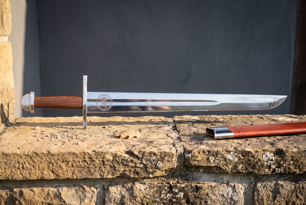 Hand forged medieval falchion with a broad straight backed polished blade and rosewood grip lying on a sandstone ledge beside a red leather scabbard