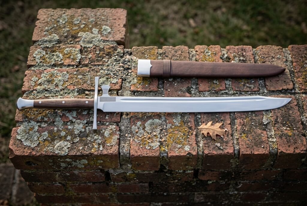 Hand forged messer sword with a polished straight backed blade and cream bone toned grip lying on a lichened red brick ledge beside a brown leather sheath