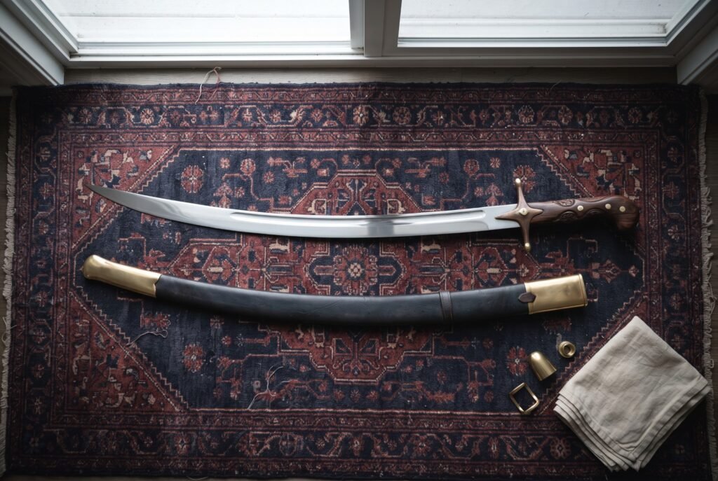 Hand forged Persian sword with a narrow crescent shamshir blade and walnut grip laid on a navy and rust Persian carpet beside its brass mounted leather scabbard