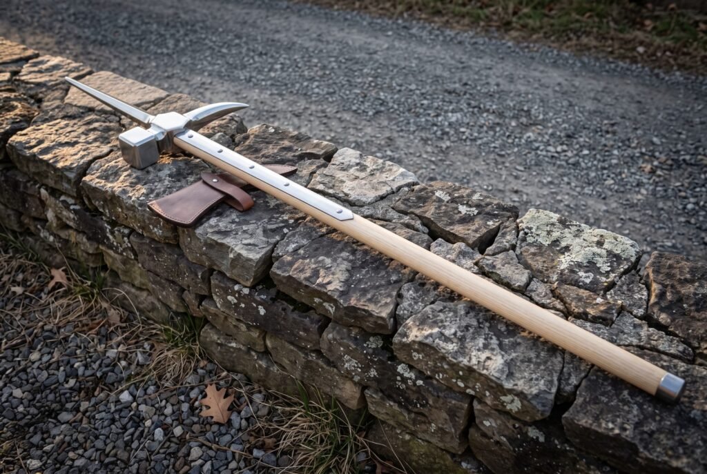 Hand forged polehammer with a polished steel hammer face, curved beak and top spike on a pale ash haft resting along a low drystone wall