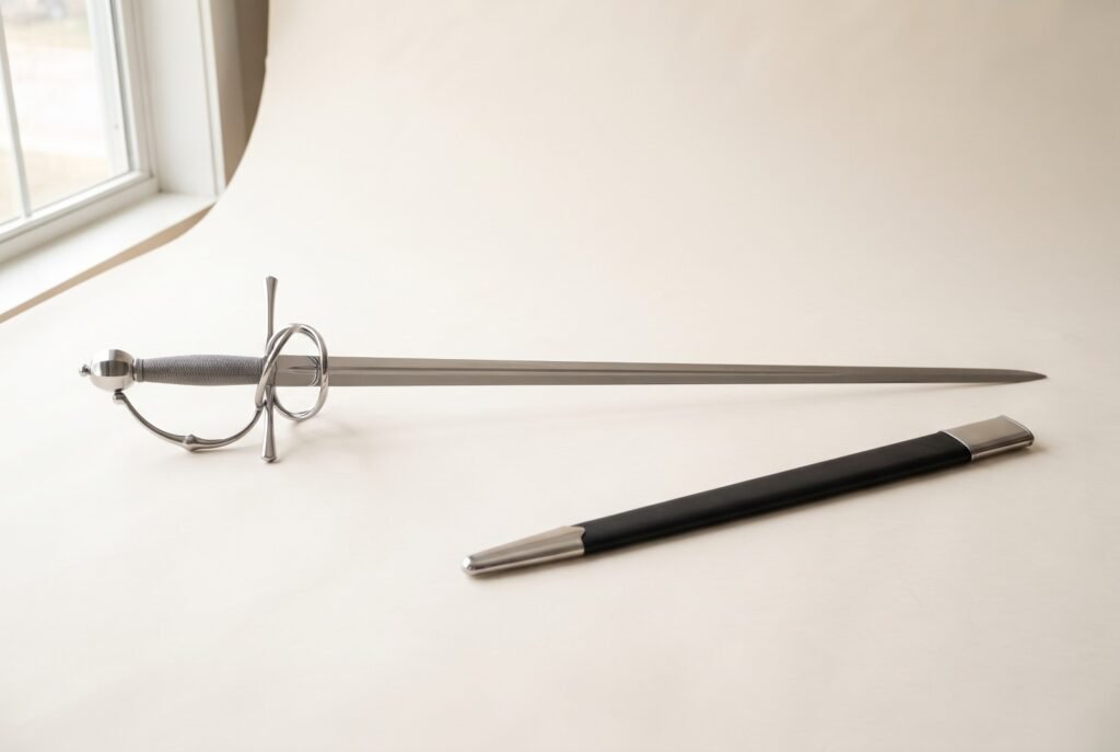 Hand forged rapier with a polished side ring guard and wire wrapped grip photographed on a pale studio backdrop beside its black leather scabbard