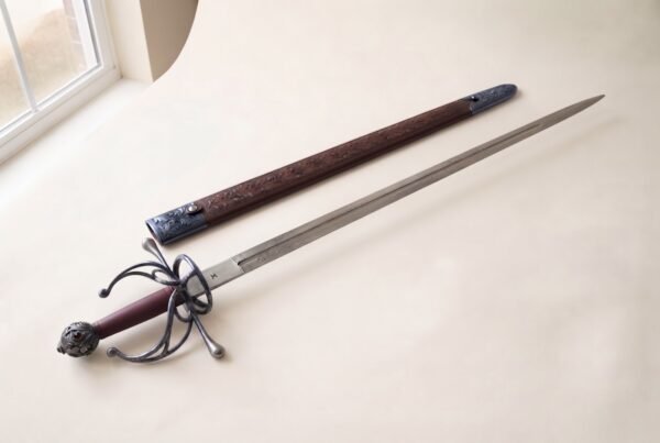 Hand forged renaissance rapier with an antiqued fullered blade and blackened swept hilt on a pale studio backdrop beside an oak leaf tooled leather scabbard