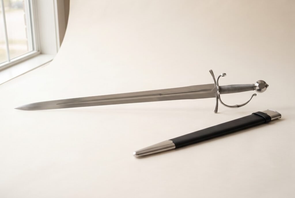Hand forged renaissance short sword with a broad clipped point blade and polished knuckle bow hilt on a pale studio backdrop beside its black leather scabbard