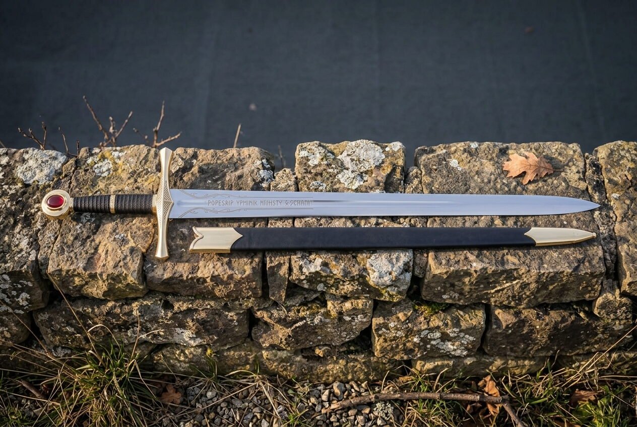 Hand forged runic sword with a darkened Elder Futhark blade inscription, deep red leather grip and steel disc pommel lyi Hand forged runic sword with a darkened Elder Futhark blade inscription, deep red leather grip and steel disc pommel lying on a dark drystone wall