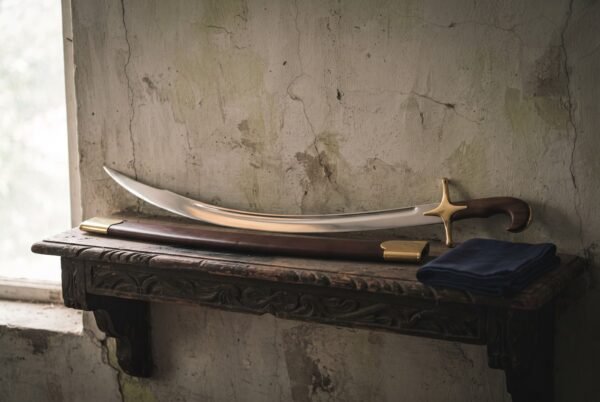 Hand forged shamshir sword with a narrow curved polished blade and one piece rosewood grip resting on a carved timber shelf beside its brass mounted leather scabbard