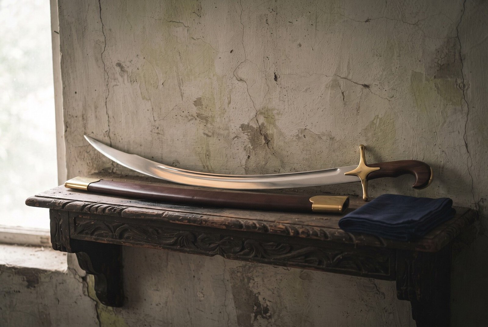 Hand forged shamshir sword with a narrow curved polished blade and one piece rosewood grip resting on a carved timber sh Hand forged shamshir sword with a narrow curved polished blade and one piece rosewood grip resting on a carved timber shelf beside its brass mounted leather scabbard
