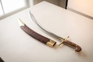 Hand forged shamshir with a narrow deeply curved polished blade and rosewood grip on a pale table beside its basketweave tooled leather scabbard with brass mounts