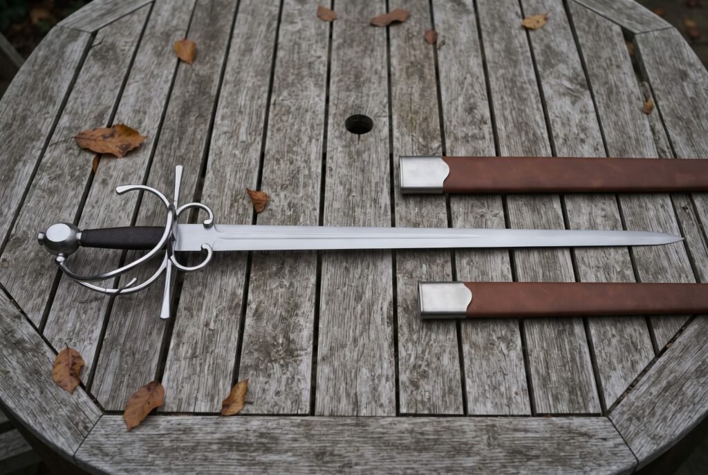 Hand forged side sword with a broad fullered blade and polished swept hilt lying on a weathered timber garden table beside its brown leather scabbard