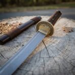 Hand forged tanto with brown leather wrapped wooden saya, close view of the blade and guard on a stump scattered with shavings