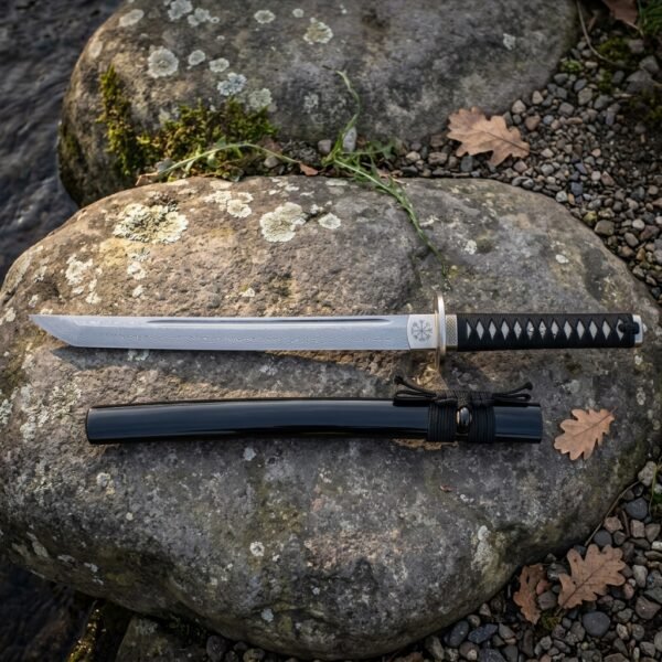 Hand forged tanto with a black cord wrapped grip and square iron tsuba resting on a lichen covered boulder, its black lacquered saya lying below the blade