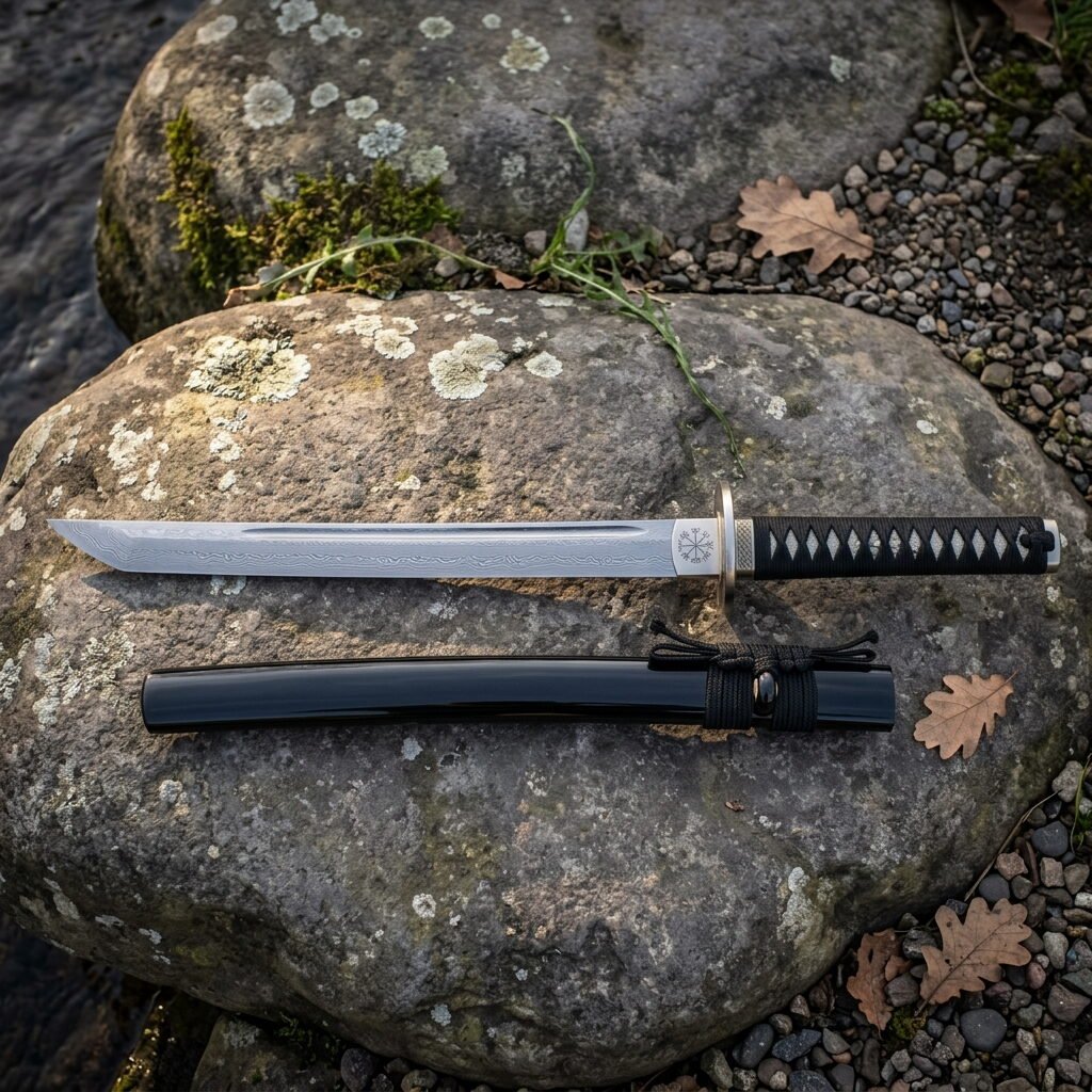 Hand forged tanto with a black cord wrapped grip and square iron tsuba resting on a lichen covered boulder, its black lacquered saya lying below the blade