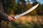 Hand forged tulwar with deep curved fullered blade and steel disc pommel held out in a field at sunset