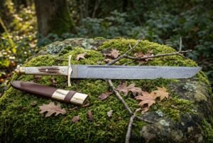 Hand forged Viking seax with a layered Damascus blade and stag antler handle resting on a moss covered boulder in autumn woodland, brown leather sheath beside it