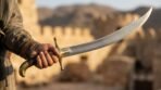 Hand gripping the brass guard and dark wood grip of a curved steel Arabian sword against sandy fortress walls