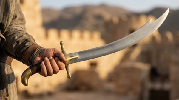 Hand gripping the brass guard and dark wood grip of a curved steel Arabian sword against sandy fortress walls