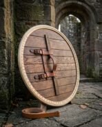 Hand made wooden Viking round shield back view showing the leather arm strap and hand grip, standing against a ruined stone arch