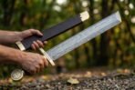 Hands drawing a Damascus short sword with clipped point from its brown leather scabbard in a sunlit forest
