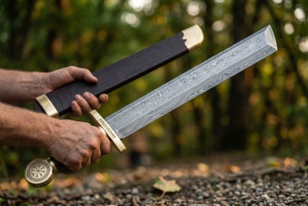Hands drawing a Damascus short sword with clipped point from its brown leather scabbard in a sunlit forest