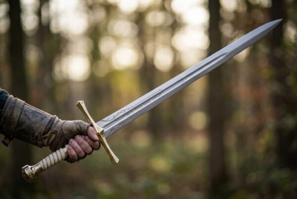 High carbon steel fantasy longsword with engraved blade, brass toned cross guard and cream ribbed grip held in a gloved hand