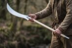 High carbon steel glaive with a long curved blade on a pale wooden pole with a steel butt cap, held across the body in woodland