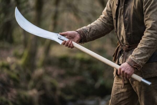 High carbon steel glaive with a long curved blade on a pale wooden pole with a steel butt cap, held across the body in woodland