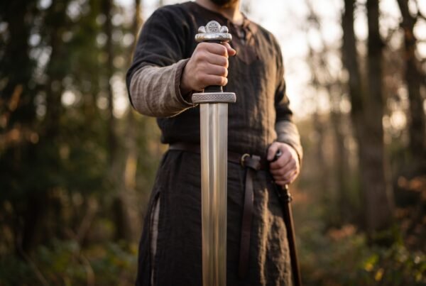 High carbon steel Norse sword with a lobed pommel and short guard held point down by a man in a dark tunic in the woods