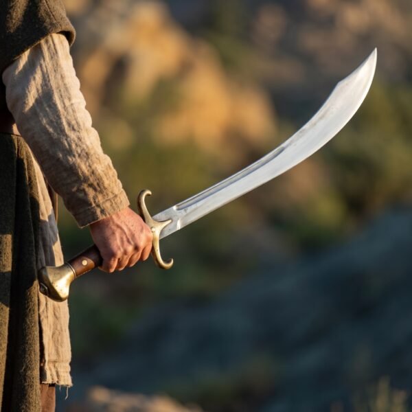High carbon steel scimitar with brass hilt held point up in hand against a sunlit hillside