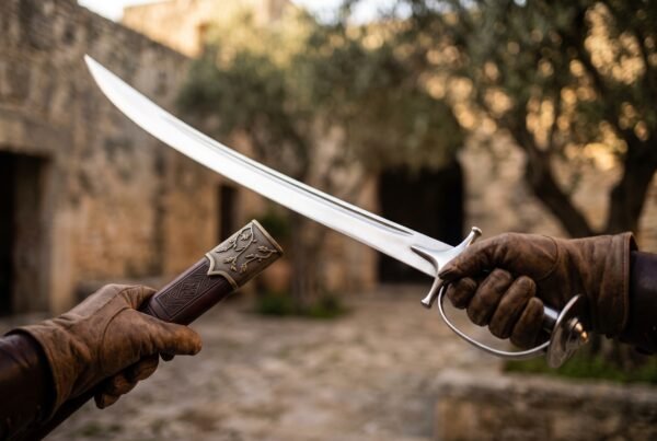 High carbon steel talwar with all steel hilt held out by gloved hands in a sunlit stone courtyard with olive trees