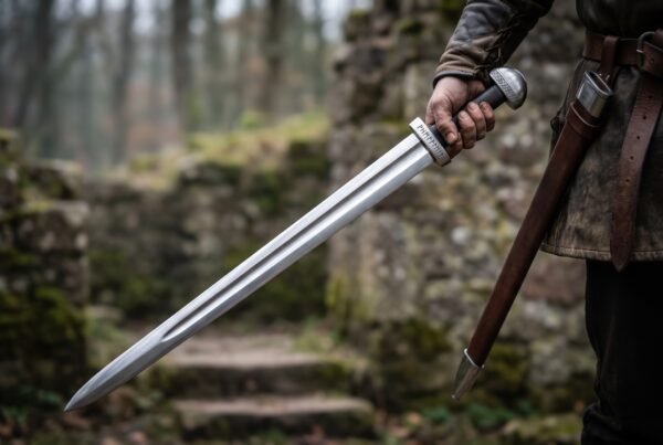 High carbon steel Viking sword with fullered blade and rounded steel pommel held point down beside a brown leather scabbard