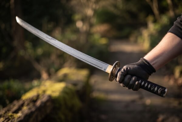 Katana with black cord wrapped handle and patterned brass tsuba held in a gloved hand on a woodland path