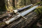 Langes messer with stag horn grip and brass fittings lying across a fallen log next to its black leather scabbard