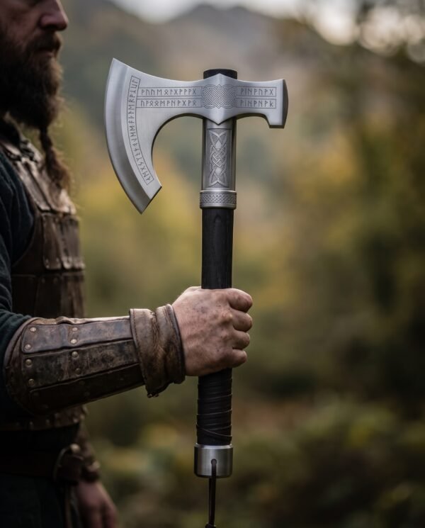 Man holding a rune engraved bearded axe with polished steel head and dark leather wrapped haft in a misty forest