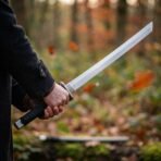 Man in a dark coat holding a straight steel dao sword by its black cord wrapped grip in an autumn wood