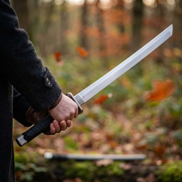 Man in a dark coat holding a straight steel dao sword by its black cord wrapped grip in an autumn wood