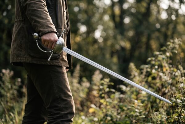 Man in a field jacket holding a cup hilt rapier with a long thin steel blade lowered toward tall grass