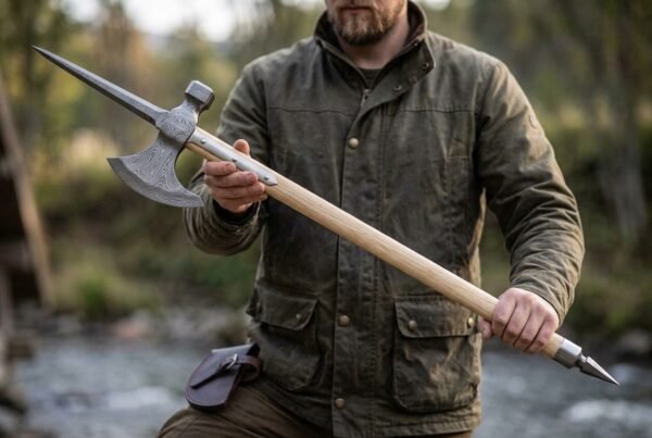 Man in a waxed jacket holding a Damascus poleaxe with top spike and ash haft across his body beside a river