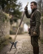 Man in a wool tunic standing with a halberd polearm on a cobbled lane, blackened head near the ground and brass butt ferrule