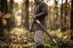 Man in a wool tunic wearing a short Viking sword in its tan leather scabbard with brass fittings in an autumn forest