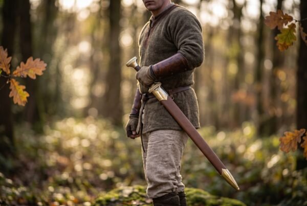 Man in a wool tunic wearing a short Viking sword in its tan leather scabbard with brass fittings in an autumn forest