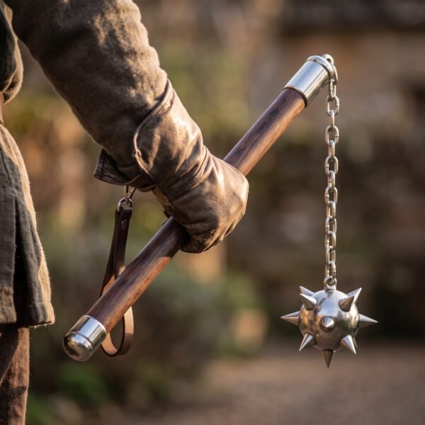 Medieval flail with a walnut haft, polished steel ferrules and a spiked steel ball on a chain, held in a gloved hand outdoors